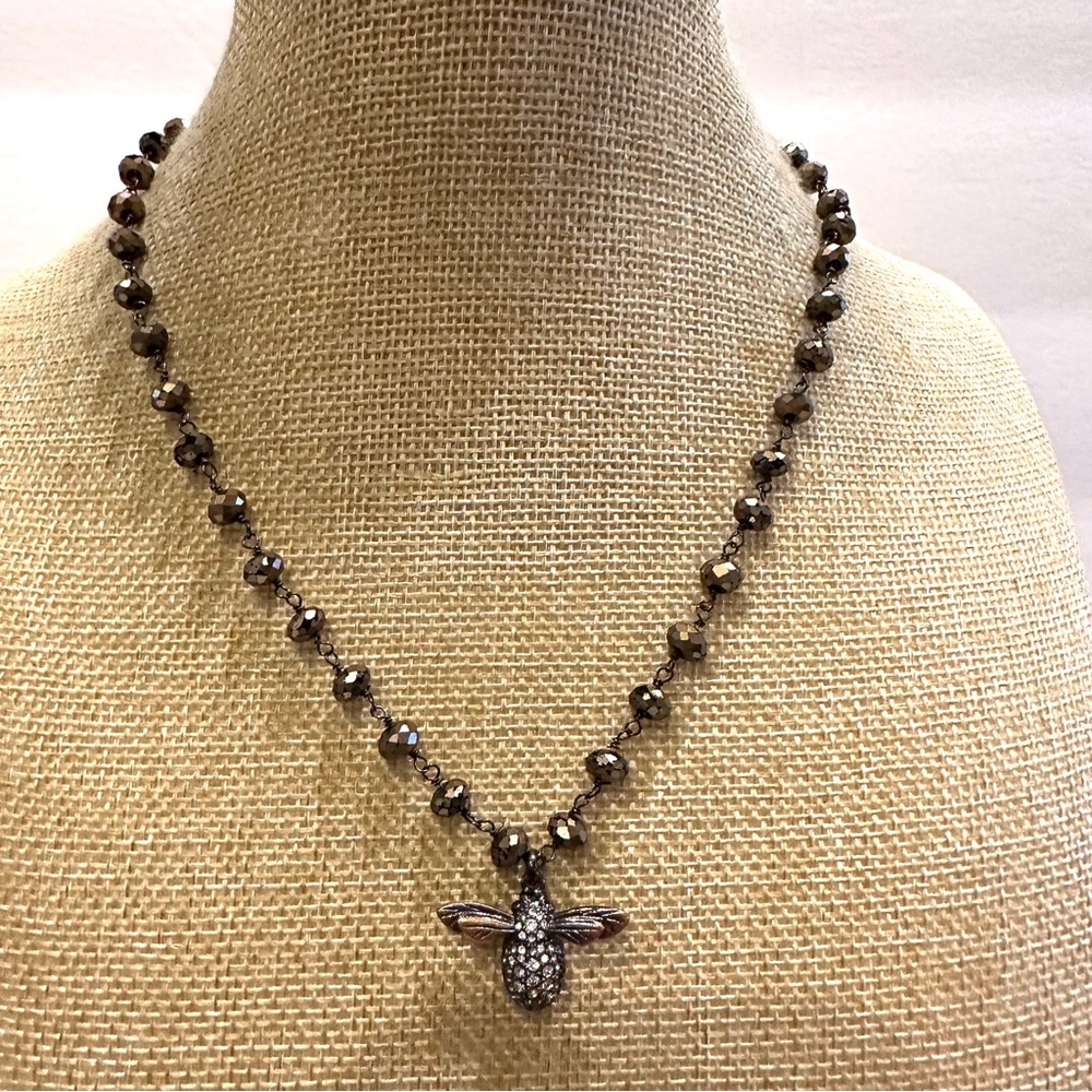 Fossil Necklace Copper Tone Necklace - beaded chain w/ Bee Pendant, rhinestones - Picture 3 of 13